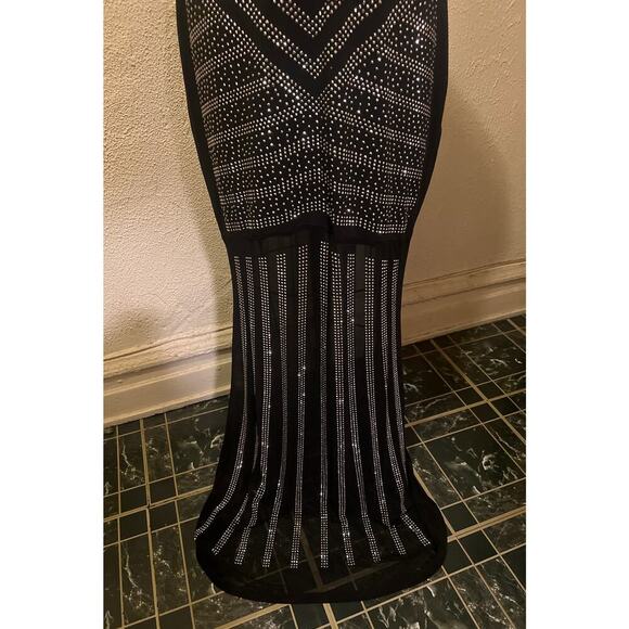 Black Halter Top Deep V-Neck Open Back Sheer Rhinestone Long Dress Size XXXL - Picture 8 of 13